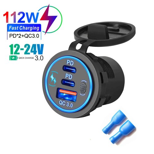 Gniazdo ładowarki samochodowej 3 porty 112W – Dual PD + QC3.0, montaż w panelu, szybkie ładowanie 12V/24V do auta, ciężarówki, motocykla, łodzi, ATV