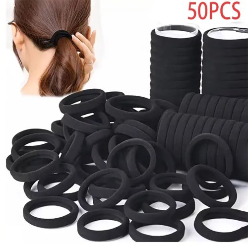 Set van 50 naadloze zwarte elastische haarbandjes, zacht en soepel voor paardenstaart, inclusief stofdoppen in meerdere stijlen, stijlvolle dagelijkse haaraccessoires voor dames en meisjes