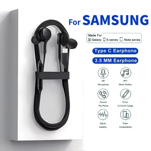 USB‑C 유선 인이어 이어폰(3.5mm 어댑터 포함) — Samsung S25/S24/S23/S22/S21/S20/Note10, Xiaomi Redmi, Vivo 호환