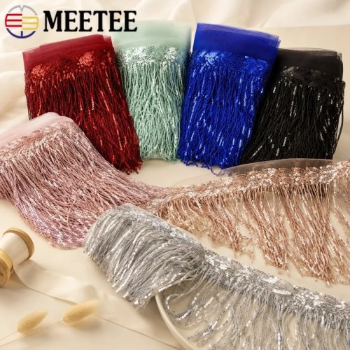 Galon à franges et pompons à sequins 10 cm – Ruban dentelle polyester pour robes, rideaux, déco et couture DIY, 2/5/10 yards