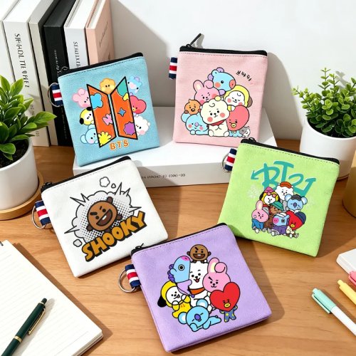 BT21 canvas coin purse – Cooky & Tata zipper wallet, portable travel coin pouch for women & men, cute anime gift