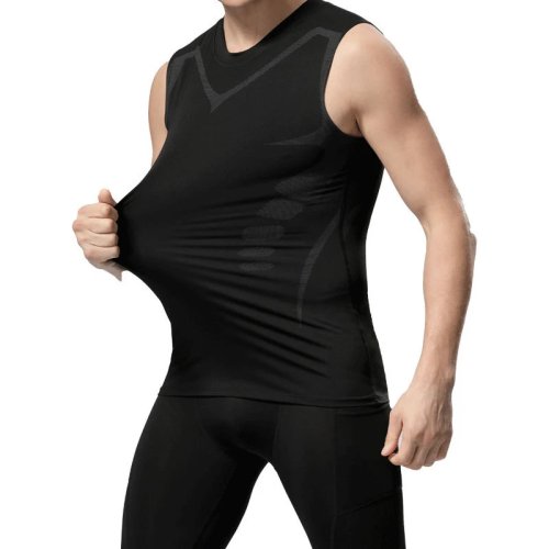 Camisola sem mangas homem preta com estampado sci‑fi, secagem rápida, gola redonda e tecido elástico para desporto