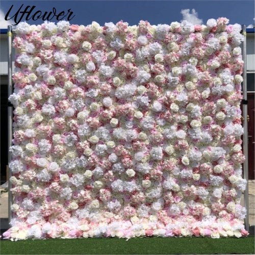 Uflower Parete di Fiori Artificiali 3D 'Royal Luxury' – peonia gialla e ortensia bianca, sfondo per matrimonio all'aperto