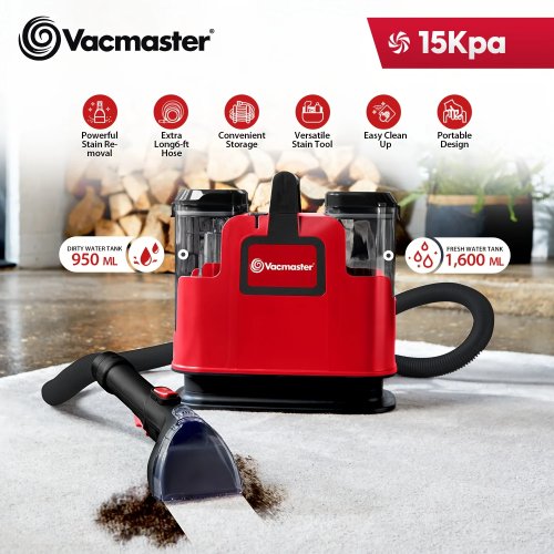 Vacmaster SCB301 Tragbarer Teppich- und Polsterreiniger – 15 kPa Saugkraft, kompakter Flecken‑ und Geruchsentferner mit Selbstreinigungsaufsatz, 3,5"-Fleckendüse und extra langem Schlauch