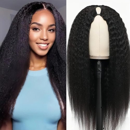Peluca V‑Part Yaki lisa, pelo humano brasileño virgin, 16–36 pulgadas, sin pegamento (glueless), 200% de densidad, natural, transpirable y fácil de usar