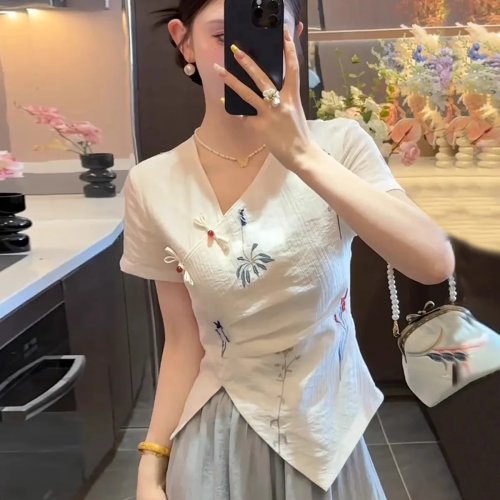 เสื้อผู้หญิงสีขาวลายพิมพ์ คอปกจีน (คอ mao) แบบข้าง จีนสไตล์/แบบชาติ หน้าร้อน ดูมีระดับ