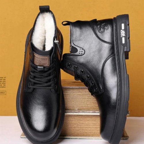 Bottines homme hiver en cuir — Doublure peluche chaude, hauteur cheville, semelle plate antidérapante, noir/marron