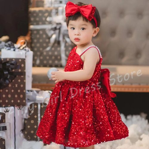 Robe rouge personnalisée pour demoiselle d'honneur/enfant de mariage – longueur genou, sequins brillants, perles et nœud, jolie robe de concours/de Noël pour tout-petits