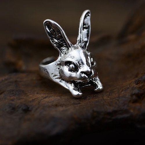 Bague ouverte 'lapin maléfique' style cyberpunk sombre rétro — bijou animal original, réglable