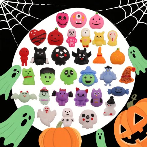 Halloween TPR knijp-speelgoed met geluid — schedel, vleermuis, spin en schattige dieren in dumpling-vorm