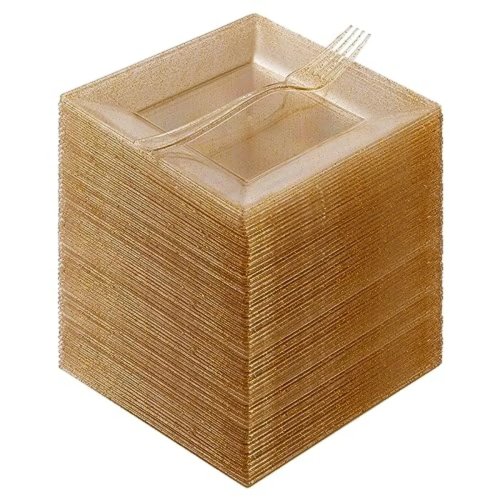 Set desechable 240 pzas — 120 platos cuadrados para postre 16.5 cm + 120 tenedores de plástico 18.8 cm para 120 invitados