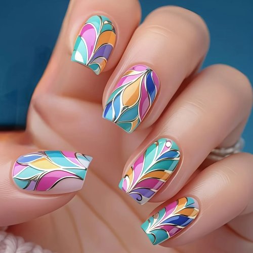 Unhas postiças press-on coloridas padrão geométrico vitral Art Deco, curtas quadradas, cobertura total