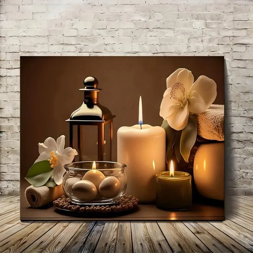 1.5-inch chunky pine wood frame wall art – interior mural print, 'Peace' candle & white orchid