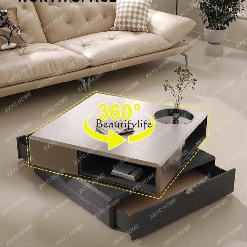 Mesa de centro cuadrada moderna X-S con almacenamiento giratorio — ideal para pisos pequeños, estilo lujo ligero
