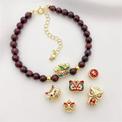 14K 金メッキ 獅子舞モチーフ 中国結びビーズ — 開運 DIY ブレスレット・ネックレス用パーツ