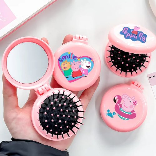 Sikat rambut mini Peppa Pig berbantal dengan cermin — sisir pijat portabel kawaii, lucu, hadiah ulang tahun untuk wanita