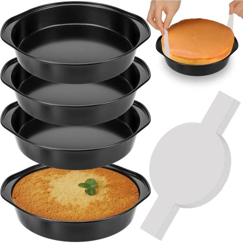 Bộ 4 Khuôn Bánh Tròn Chống Dính kèm 100 Giấy Nến Cắt Sẵn — An toàn cho Máy Rửa Chén, Phù hợp làm Bánh Nhiều Lớp
