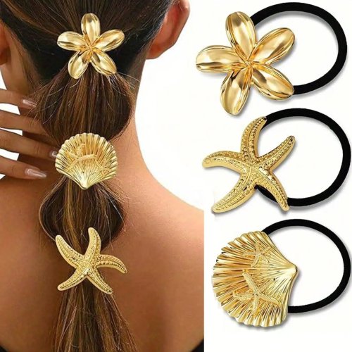 Conjunto 3 scrunchies metal dourado com padrão oceânico e geométrico — elásticos grossos e amigos do cabelo, acessórios femininos