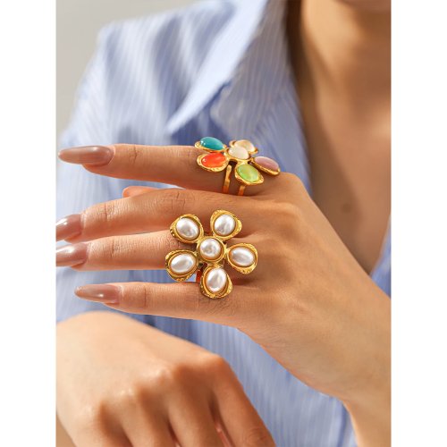 Nhẫn hở hình hoa đính ngọc trai giả, thép không gỉ 316L mạ vàng PVD — không phai/không xỉn, trang sức nữ cao cấp, quà tặng