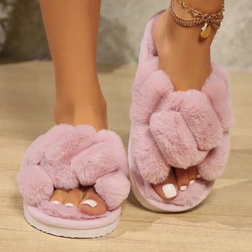 Mules/claquettes fourrées femme à brides croisées — slides en EVA, légères, chaudes et plates, pour maison et extérieur