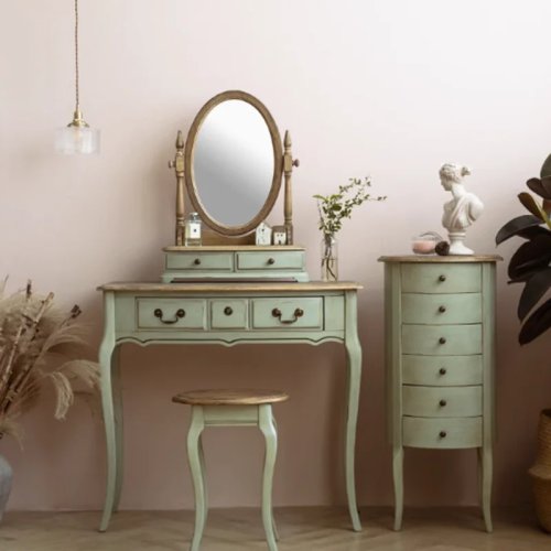 Toeletta verde minimalista con cassetti — Scrivania/Toilette trucco in legno stile nordico vintage per camera