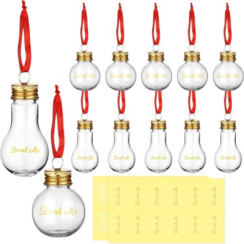Garrafa em forma de lâmpada 50 ml em PET transparente, recheável, com cordão vermelho – mini garrafa para sumo, decoração de Natal para pendurar