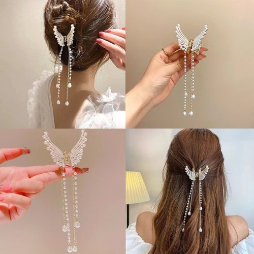 タッセル付きバタフライパール ヘアクリップ（バンスクリップ）— レディース用エレガントヘアピン