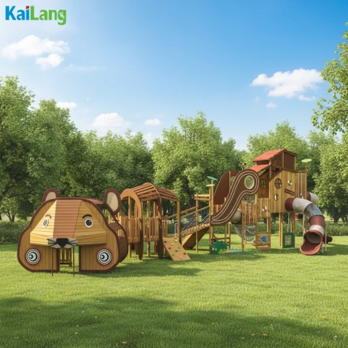 High-quality wooden outdoor playground slide set for children