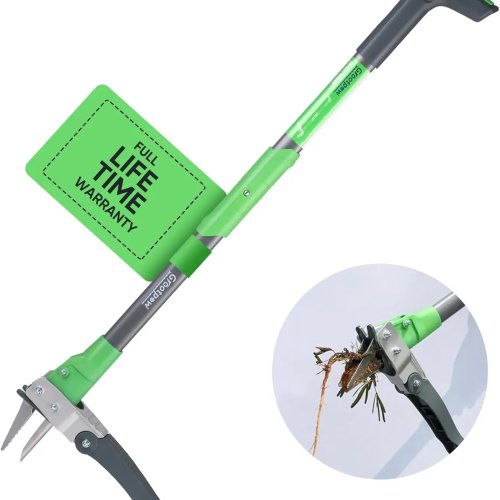 Stand-up weed puller, 40-inch handle, 3-claw cast iron weed remover — no bending