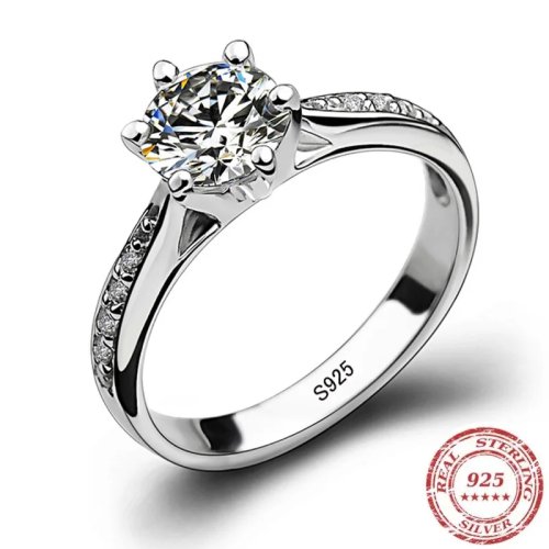 Bague femme en argent 925, style classique 6 griffes, oxyde de zirconium 0,70 ct (pierre synthétique)