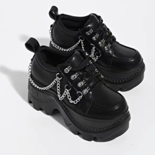 Women's Punk Black Chain Platform Heels — Thick-Soled, Height-Increasing Cosplay Shoes (2026)