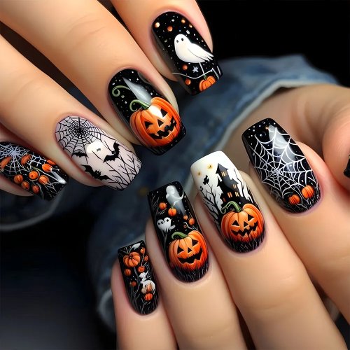 ハロウィン用プレスオンネイル（かぼちゃ・おばけ・クモの巣デザイン）