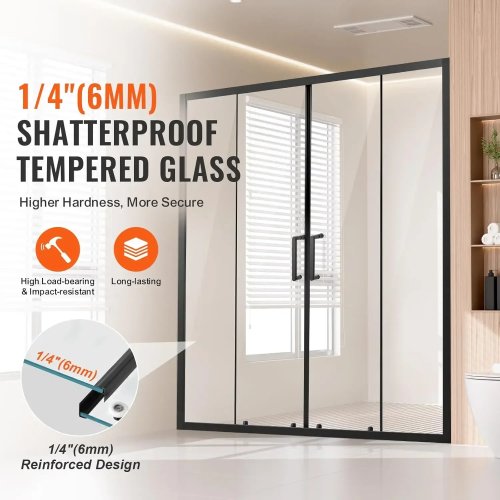 Cancel de regadera corredera semi‑sin marco doble, 147–150 × 178 cm (≈57,8–59 × 70 in), vidrio templado transparente 6 mm, resistente al agua