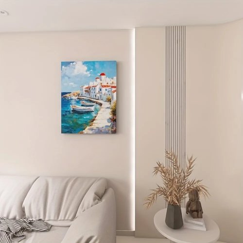 Quadro su tela paesaggio classico con cornice in pino spessore 3,8 cm — Dipinto astratto della costa europea con barche e case