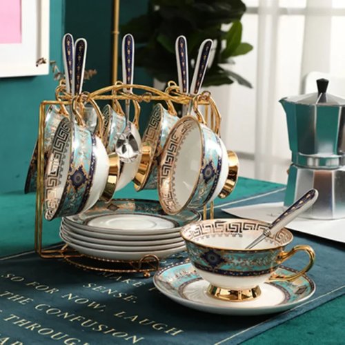 Juego de taza y platillo Bone China verde clásico — set de té/café de porcelana de lujo, regalo para boda o cafetería