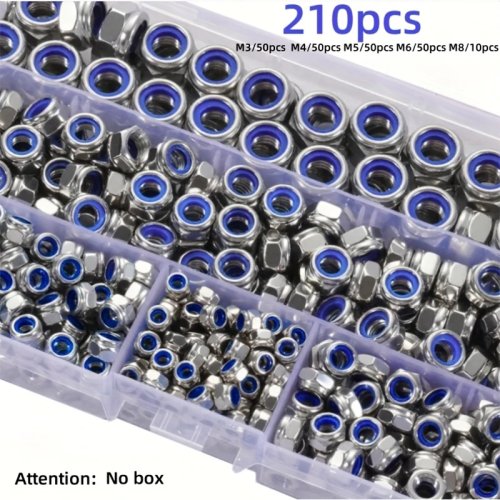 Stainless Steel Hex Lock Nut Assortment 210/150 pcs — Self-locking Anti-slip M3–M8 / M4–M6 for Industrial, Construction, Automotive