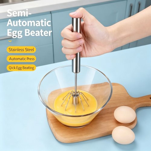Batidor de huevos de acero inoxidable con botón, semi‑automático 360° giratorio — mezclador manual para cocina y repostería