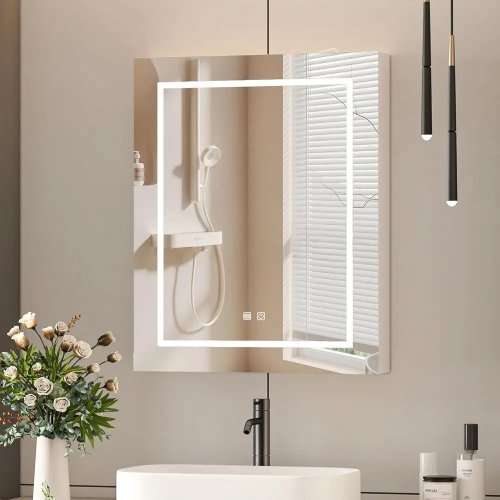 Medizinschrank 24x30 mit LED-Spiegel, Steckdose & USB – wandhängender Badezimmerschrank, beschlagfrei, dimmbares Licht