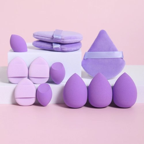 Set 12 piezas esponjas de maquillaje: 3 puffs de polvos sueltos, 3 mini puffs air-cushion, 3 esponjas tipo huevo, 3 esponjitas mini