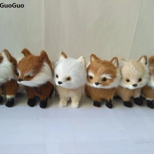 Conjunto 6 figuras raposa agachada, 13×9 cm – corpo em polietileno com pelo sintético misto, decoração casa/presente