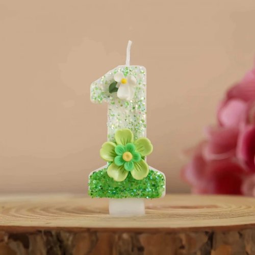 Brokatowe świeczki-cyfry 0–9 w motywie leśnym na tort 1. urodziny i dekorację baby shower