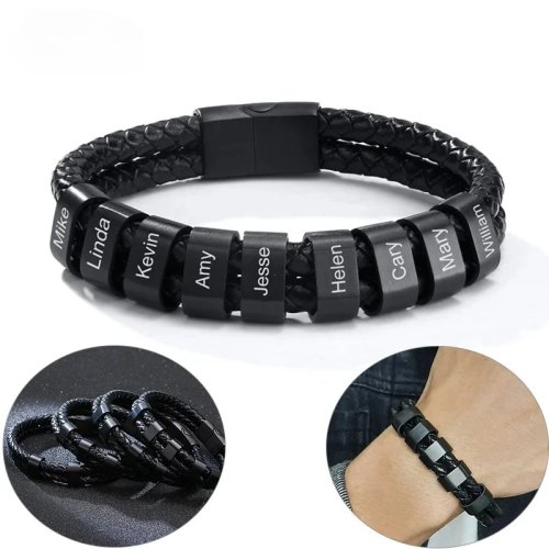 Pulsera de piel trenzada negra para hombre personalizada con cuentas con nombre — regalo para el Día del Padre