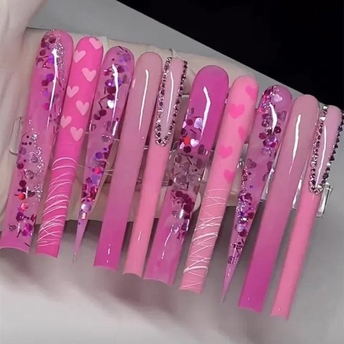 Unhas postiças press-on rosa luxo 7 cm feitas à mão, estilo Y2K cobertura total XXXL com glitter e strass, com cola incluída