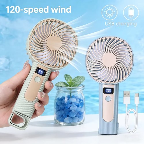 Mini USB-oplaadbare hand- en tafelventilator met digitaal display — compact, 120 snelheden, draagbaar