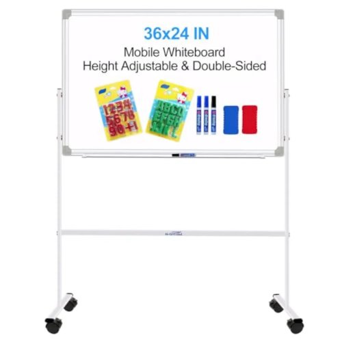 Tableau blanc magnétique double-face mobile 36x24 pouces avec support, hauteur réglable et roulettes