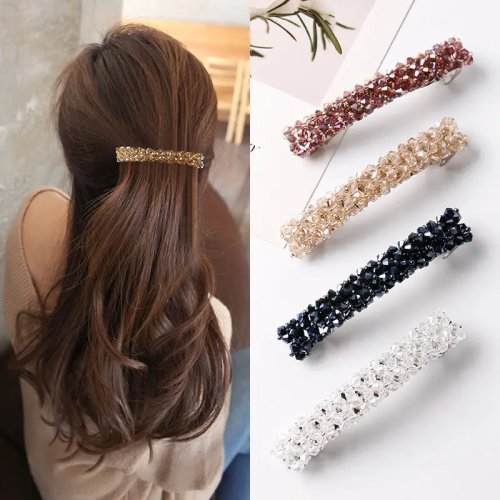Barrette tête strassée 4 rangs — accessoire cheveux en cristaux, bord tressé