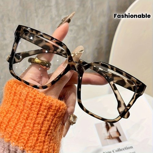 1 Pair Women's Bohemian Oversized Square Clear Frame Glasses, Leopard Print & Solid Options, PC (Polycarbonate) Full-Frame