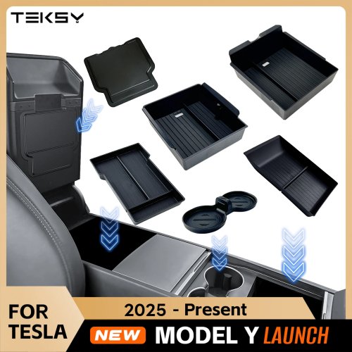 Para Tesla Model Y 2025 Juniper – Caixa de arrumação para consola e apoio de braço em ABS com tapete de silicone antideslizante, porta-copos e organizador (1/2/3/4/6/7/8 un)