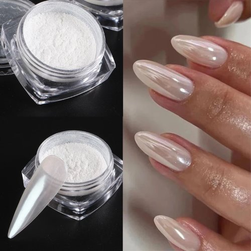 Pó cromado pérola branco 'Moonlight' para unhas — Pigmento espelho/aurora para esfregar, glitter efeito concha para nail art
