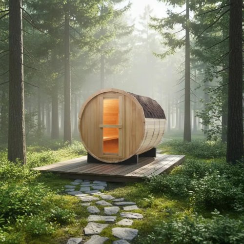 Sauna thùng ngoài trời bằng gỗ tuyết tùng đỏ Canada, đốt củi, có mái, tùy chỉnh